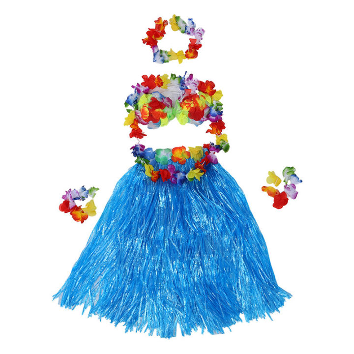 【WEJA】6 Set Hawaiian Grass Skirt flower Hula Lei Wristband Garland fancy Dress costume