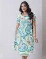 Spring & Summer Printed Short Sleeves Dress with Curved Hem. 
