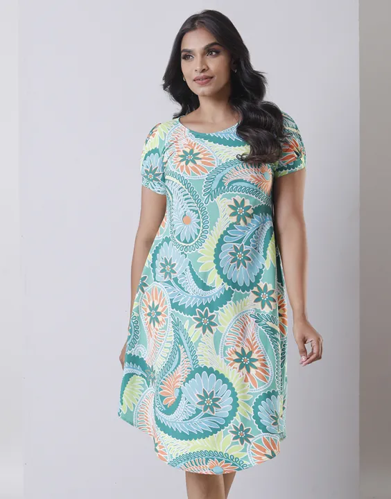 Spring & Summer Printed Short Sleeves Dress with Curved Hem