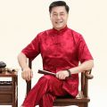 Summer Ice Silk Couple Long-Sleeve Suit Middle-Aged and Elderly Tang Suit Mom and Dad Festive Birthday Clothes Style Unisex Wear. 
