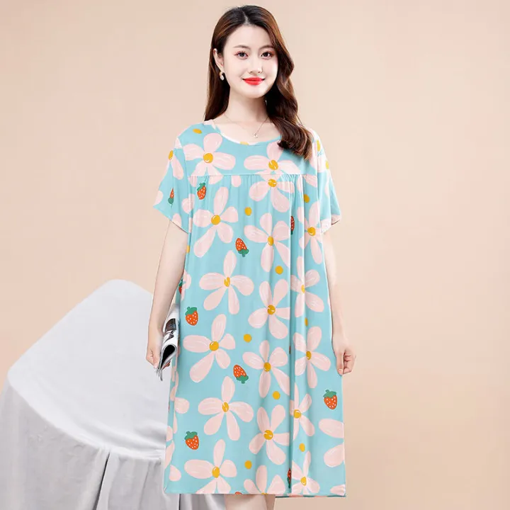 Middle-Aged%20and%20Elderly%20Cotton%20Nightdress%20Women's%20Summer%20Pajamas%20Artificial%20Cotton%20Dress%20Skirt%20Mid-Length%20plus%20Size%20Homewear%20Mom%20-%20Image%208