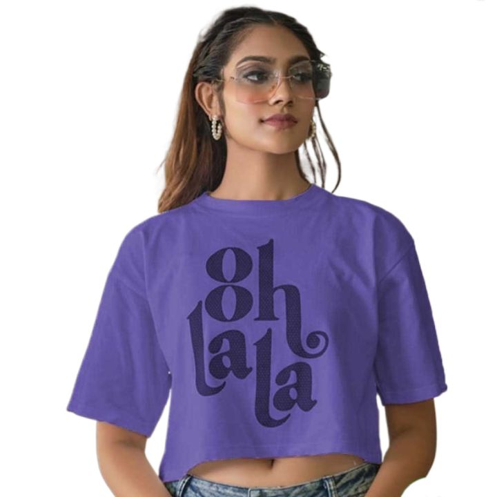 Trending Fashion Korean Style Baggy Purple Color Oh La La Top Loose-Fitting / Over-Sized Baggy T Shirt Single Jersey Cotton Fabric 180-190 Gsm Tops Casual Loose Fit Office Wear T-Shirt /Tshirt/ Blouse For Women/ Fitted Ladies / Girls In S, M, L, Xl Sizes