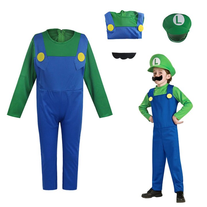 Formemory Costume da Mario Bros, per adulti e bambini, costume da Mario e Luigi, con cappello, guanti e baffi, per cosplay, idraulico, fratelli, carnevale, Halloween (tipo A/G, S