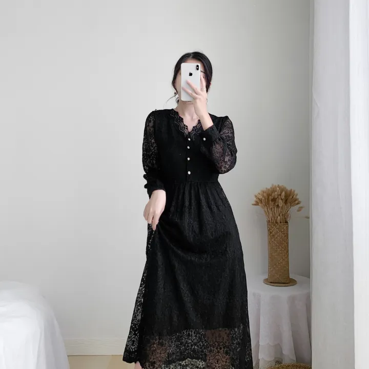 Yfashion%20French%20Style%20Lace%20Dress%20For%20Women%20Cotton%20Elegant%20Long%20Sleeves%20V%20Neck%20A-line%20Skirt%20Solid%20Color%20Mid-length%20Dress%20-%20Image%203