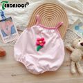 Pink Summer Girls 0-24M Cotton Kids Baby Girl Jumpsuits - Sling Design with 3D Flower Letter Print Bodysuits for Infant Toddler. 