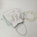 National Style New Portable Satin Crossbody Han Chinese Clothing Bag Pearl Chain Ancient Style Woven Belt Flash Bright Silk Embroidery Bag Drawstring Bag. 