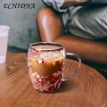 Clear Glass Tumbler 250ml/350ml Double Wall Glass Floral Mug with Insulated Handle Real Flower Decoration Heat Preserving Tumbler for Coffee Tea Clear Aesthetic Drink Cup Buyers' Favorite Versatile. 