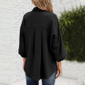 Women Casual Button Down Blouses 3/4 Sleeve Lapel Irregular T-shirt v Neck Loose Solid Color Cardigan Tops. 