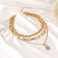 Ins Vintage Micro Inlay 3 Layer Lock Pendant Multilayer Necklace. 