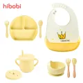 4/6/8 PCS Baby Soft Silicone Bib Cartoon Printed Bibs Sucker Bowl Plate Cup Spoon Fork Sets Non-slip Children's Dishes BPA Free. 