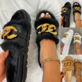 【BestGO】Summer Plush Slippers Fashion Open Toe Solid Color Women's Sandals Metal Chain Outdoor Casual Plus Size Shoes. 