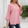 Women Casual Button Down Blouses 3/4 Sleeve Lapel Irregular T-shirt v Neck Loose Solid Color Cardigan Tops. 