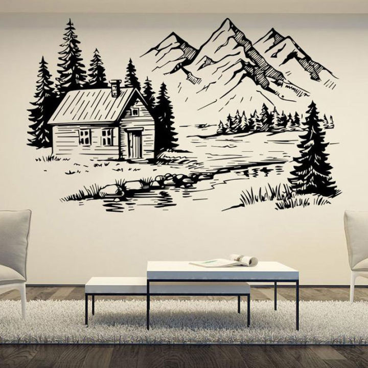 【Folio & Light】Mountains House Near The Lake Nature Vinyl Home Decor Living Room Wall Sticker Interior House Decoration Landscape Decals 3c13