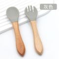 Children's Silicone Spoon with Wooden Handle Food Grade Soft Rubber Baby Feeding Tableware Can Bite Spork. 