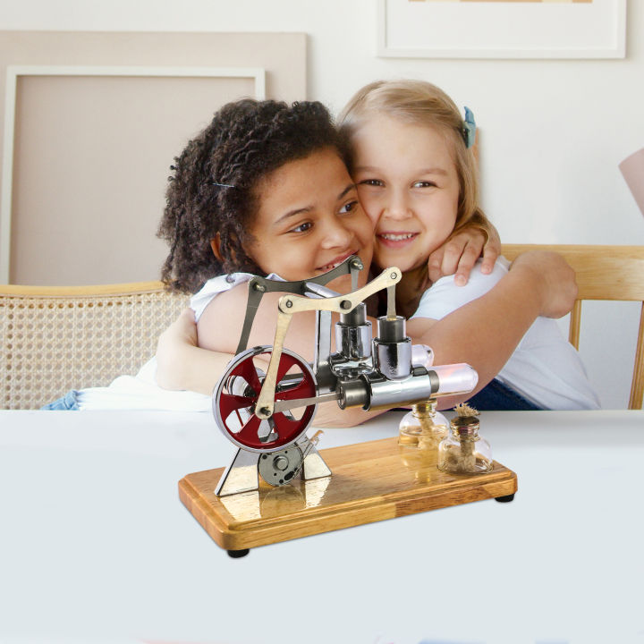 Stirling Engine Kit Hot Air Motor Model Physical Dual Engine Generator Model with LED Light Flywheel Design Science Experiment Wooden Base DIY Education t-oy for Teacher Adults Kids School Office Decor