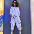 High-End Summer New Fashion Wear 2023 Korean Style Belly-Covering Slimming Casual Sports Denim Cropped Pants Suit. 