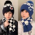 2Pcs/Set Winter Cute Pompom Children Hat Scarf Set Neck Warmer Woolen Knitted Scarf Cap Checkerboard Kids Beanie Caps Gifts. 