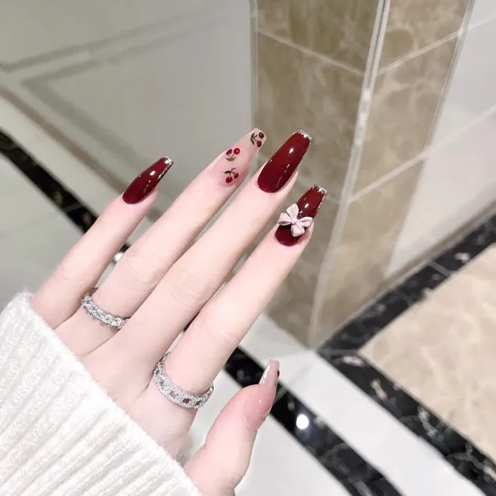 24Pcs%20Long%20Red%20Ballet%20Wearing%20False%20Nails%20Press%20On%20Nail%20Art%20Full%20Cover%20Coffin%20Nails%20Tips%20Removable%20Cherry%20Bow%20Glitter%20Nail%20-%20Image%202