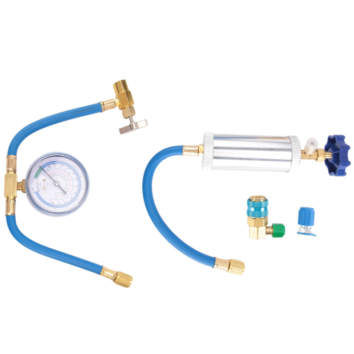 Air Conditioner A/C Oil Injector Tool R134A Low Side Quick with Gauge Refrigerant Inflation Hose R12 R134A Adapter