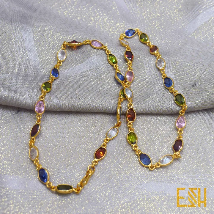 Gold%20plated%20Ladies%2018/24%20Inch%20Chain%20With%20Multi%20Colored%20Oval%20Stone%20chain%20for%20women%20-%20Image%209