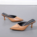 【BestGO】New Fashion 2.36 inches Brown High Heels Mules Sandals Shoes for Women Ladies Stiletto Mid Heeled Sandals Woman Causal Pointed Slipper Shoes Size 34-39. 