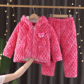 pajamas for kids Children's flannel pajamas, winter three-layer plush loungewear for boys and girls, plush loungewear, hooded coral velvet thick set. 