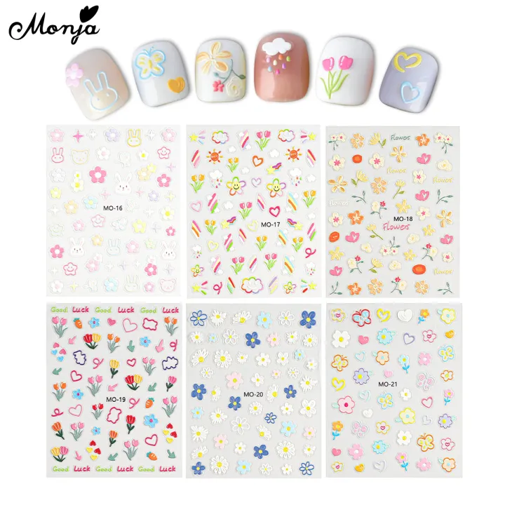 Monja 5D Nail Stickers Cute Embossed Flowers Reliefs Adhesive Decals Floral Leaf Pattern Gel Polish DIY Nail Art Decoration Tool