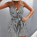 Yfashion Women Stripe Print V Neck Beach Shorts Romper Jumpsuit With Belt Sexy Fashion Suspender Jumpsuit For Beach Party. 