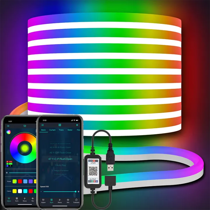 Programmable Rgb Led Rope Light Bluetooth LED Neon Rope Lights 16.4ft RGB LED Rope Lights 5V APP ...
