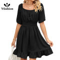 Yfashion 100% Polyester Summer New Solid Color Square Neck Short Sleeve Loose Open Back Tie Dress. 