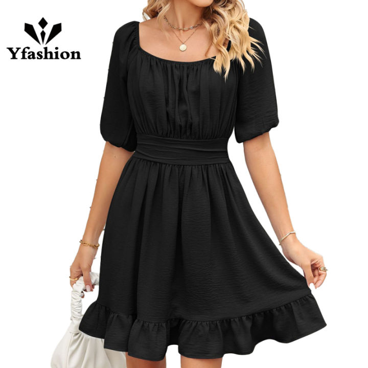 Yfashion 100% Polyester Summer New Solid Color Square Neck Short Sleeve Loose Open Back Tie Dress