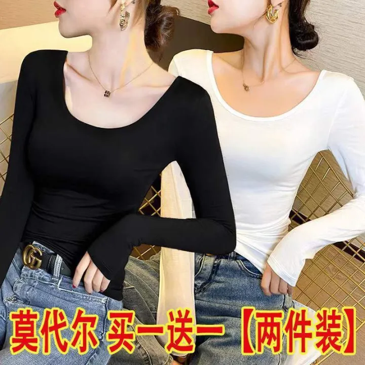 Black%20Modal%20Long%20Sleeve%20T%20Women's%20T-shirt%202024%20New%20Spring%20and%20Summer%20U%20Collar%20Slim-Fitting%20T-shirt%20Low-Necked%20Underwear%20Blouse%20Top%20-%20Image%202