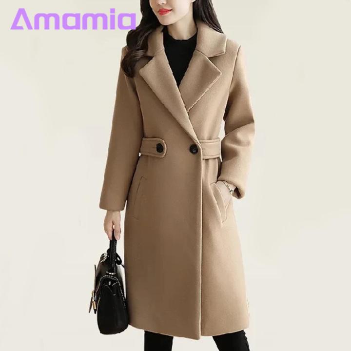 Autumn%20Women%20Coat%20Stylish%20Fall%20Winter%20Women's%20Overcoat%20Trendy%20Solid%20Color%20Turn-down%20Collar%20Long%20Sleeve%20Cardigan%20with%20Belted%20Button%20Closure%20Mid%20Length%20Loose%20Lady%20Coat%20Perfect%20for%20Southeast%20Asian%20-%20Image%202