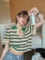 POLO Collar Striped Sweater for Women Spring and Summer 2024 New Design Sense Slim Fit Slimming and Short Hot Girl Short Sleeve Top. 