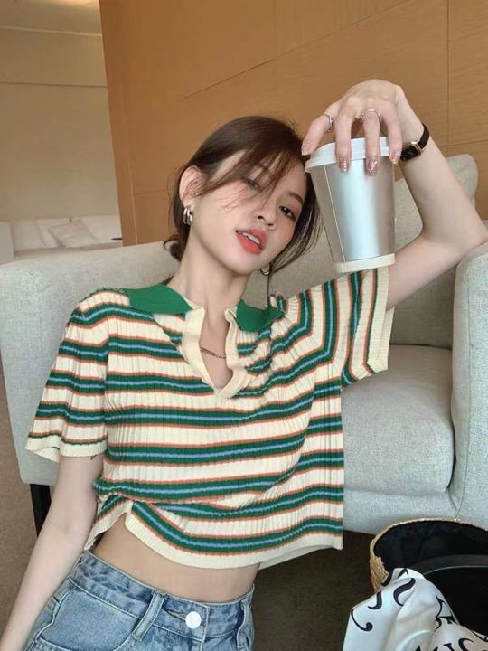 POLO%20Collar%20Striped%20Sweater%20for%20Women%20Spring%20and%20Summer%202024%20New%20Design%20Sense%20Slim%20Fit%20Slimming%20and%20Short%20Hot%20Girl%20Short%20Sleeve%20Top%20-%20Image%203