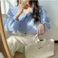 Sweet Peter Pan Collar Shirt Women Vintage Long Sleeve Blouse Preppy Style Yellow Blue Loose Buttons Youth Tops 2023 Y2k. 