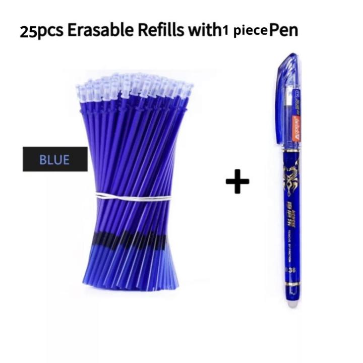 1+25Pcs/Set 0.5mm Black and blue Ink Gel Pen Erasable Refill Rod Erasable Pen Washable Handle School Writing Stationery Gel Ink Pen