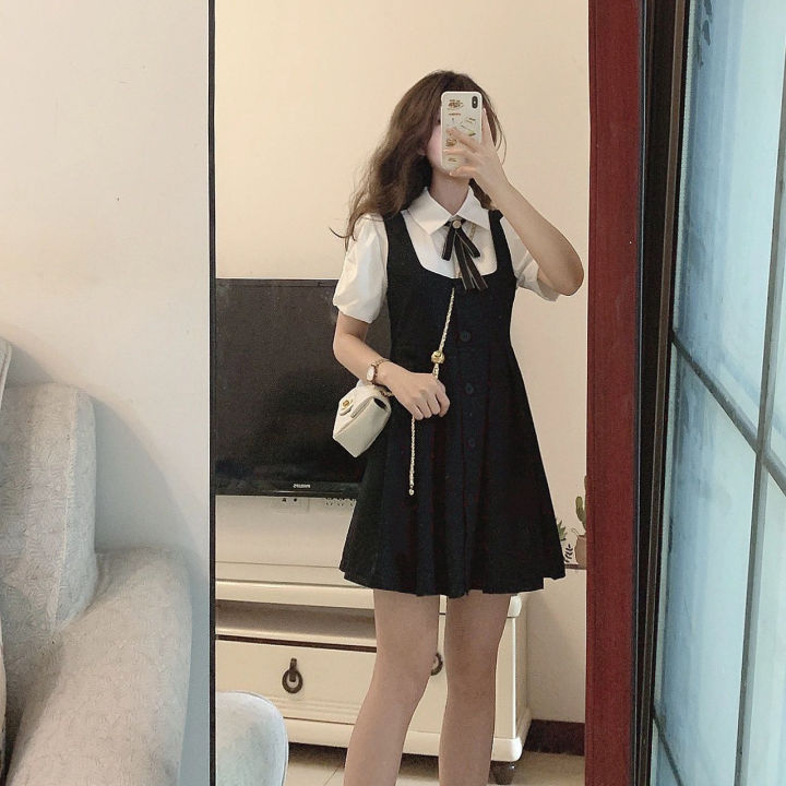 Sweet College Style Top Strap Dress Summer New Korean Style Cute and Gentle Wear Two-Piece Suit