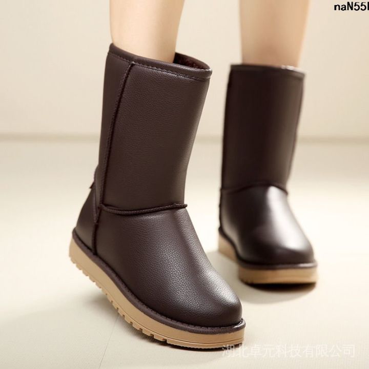 Thickened Women's Non-Slip Mid-Calf Bristle Snow Boots Korean Style Student Leather Short Warmth Retention Material Shoes and Boots Waterproof Winter ˆ