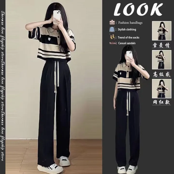 New%20Fashion%20Outfit%20Women's%20Summer%20Korean%20Style%20Loose%20Salt%20Wear%20StripedPoloCollar%20Top%20Wide%20Leg%20Pants%20Two-Piece%20Set%20-%20Image%204