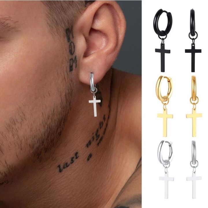 Punk Tassel Clip Earrings Cross Hoop Earrings for Women Teens Men Ear