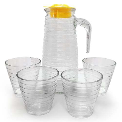 Jug and 4 Glasses, Water Jug with Lid and 4 glasses Set of 5 KDL