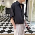 ACHS AWAKE Shirt Men's Short Sleeve Korean Style Fashion Men's Clothing 3/4 Sleeve Shirt Lightly Mature Pu Handsome Summer Ice Silk. 