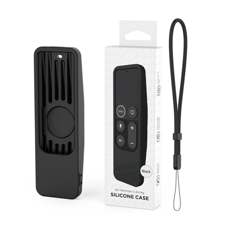 For 2017 Apple TV HD/4K Siri Remote TV Siri Remote 1St Gen Case with for AirTag Holder Anti Slip Silicone Cover, Black