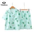Yfashion 2pcs Children Air-conditioning Homewear Set Cartoon Printing Short Sleeves Tops Shorts Pajamas Suit For Boys Cotton Girls. 