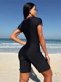 Women's new swimming Korean peach color full body swimsuit style black short-sleeved one-piece swimsuit shorts women's sports surfing suit. 