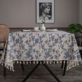 【Direct-sales】 60*60cm Soft With Tassels Blue and White Porcelain Tablecloth Classic Washable Linen Cotton Tablecloth Thicker Vintage Table Cover Table Decorations.