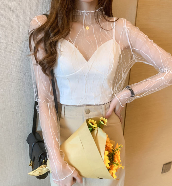 Elegant Lace T-shirt For Women Mesh Long Sleeve Tops Hot Transparent High Neck Black Lace Bottoming Shirts Punk Tee Tops