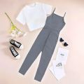 Preppy Style Women's Casual Two Piece Sleeveless Baggy Jumpsuits And Crop Top Strap Loose Romper Long Loose Trouser Pants Overalls Jumpsuit Wide Leg Long Pant Jump Suit Cotton Rib Fabric In White And Ash Color Jumpsuit. 