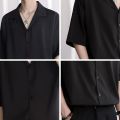 Shijitu Ice Silk Short Sleeve Shirt Men's Summer High-Grade Black ins Trendy Half Sleeve Loose Casual Simple Set. 